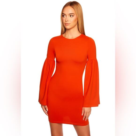 SUSANA MONACO Bell Sleeve Mini Dress in Pumpkin Orange Fitted Size Medium NEW - Picture 5 of 8